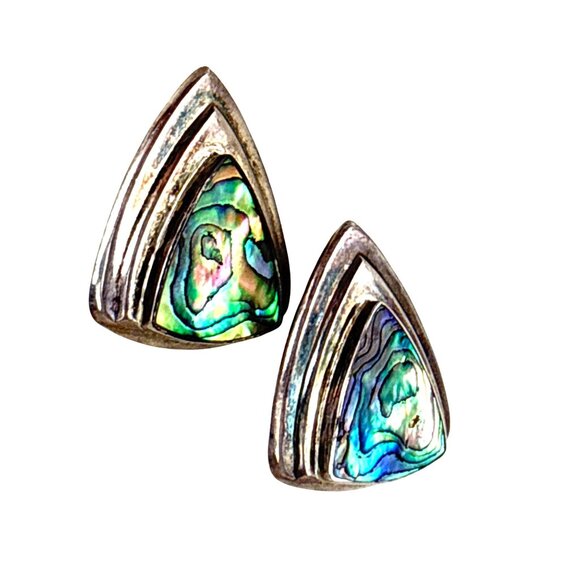 925 Sterling Silver Abalone Shell Triangle Stud Earrings Vintage Modernist - Picture 4 of 7